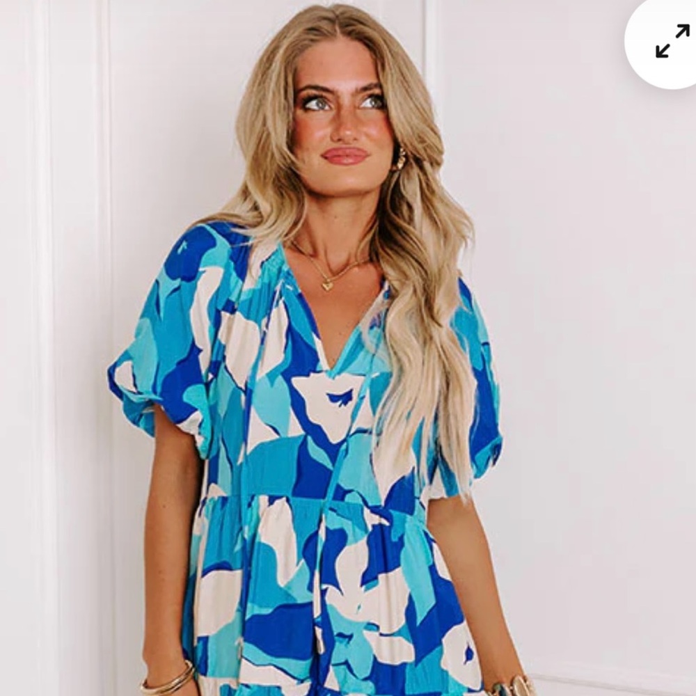 ENTRO City Escape Mini Tiered Dress Blue Floral Boho Flowy Preppy Flirty NWOT - Picture 9 of 9